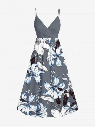 Plus Size Flowers Leaf Print Surplice Hawaii Cami Dress - LIGHT GRAY - S