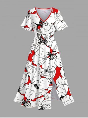 Plus Size Hibiscus Flowers Print Split Hawaii Midi Dress - WHITE - 4X