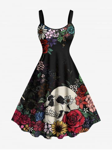 Plus Size Halloween Skulls Flowers Leaf Print Tank Dress - BLACK - 2X