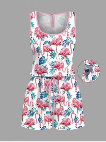 Plus Size Flamingo Tropical Leaf Print Cinched Hawaii Romper - WHITE - 3X