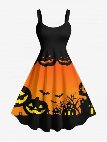 Plus Size Halloween Pumpkin Bat Cross Colorblock Print Tank Dress - ORANGE - XXS