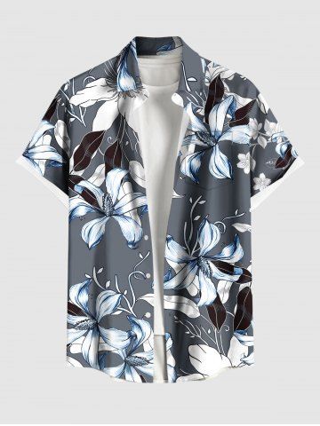 Plus Size Flowers Leaf Print Buttons Pocket Hawaii Shirt For Men - DARK GRAY - 2XL