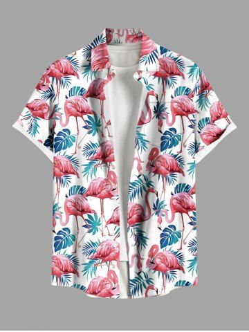 Plus Size Flamingo Tropical Leaf Print Buttons Pocket Hawaii Shirt For Men - WHITE - 4XL
