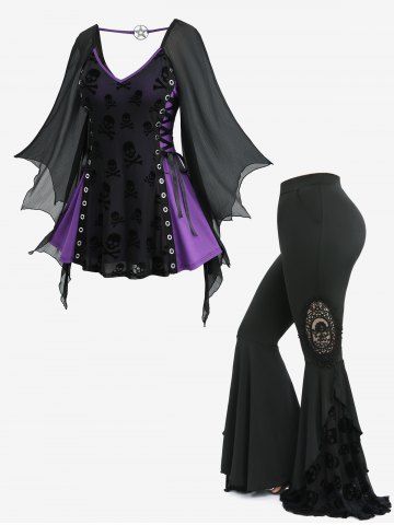 Skull Flocking Lace Up Flare Sleeves Top and Skull Applique Flare Pants Plus Size Outfit - BLACK