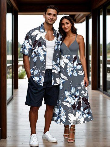 Flowers Leaf Print Plus Size Matching Hawaii Beach Outfit For Couples - LIGHT GRAY
