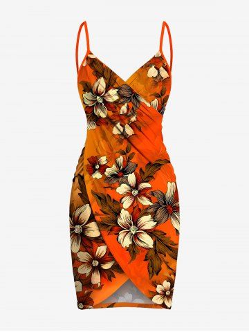 Plus Size Hibiscus Flower Leaf Print Hawaii Ombre Convertible Beach Cover Up - ORANGE - XS