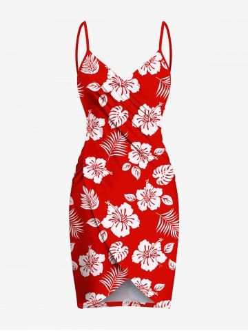 Plus Size Tropical Leaf Hibiscus Flower Print Hawaii Convertible Beach Cover Up - RED - XXS