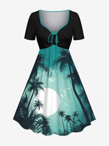 Plus Size Coconut Tree Sea Moon Print Hawaii Ombre Cinched A Line Dress - GREEN - XXS