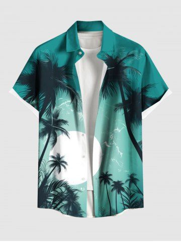 Plus Size Coconut Tree Sea Moon Print Hawaii Ombre Button Pocket Shirt For Men - GREEN - 5XL