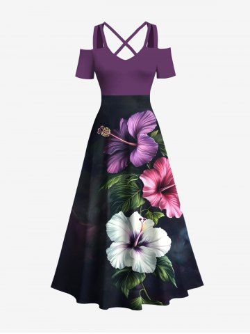 Plus Size Tropical Leaf Hibiscus Flower Print Hawaii Cold Shoulder Crisscross A Line Maxi Dress - PURPLE - 2X
