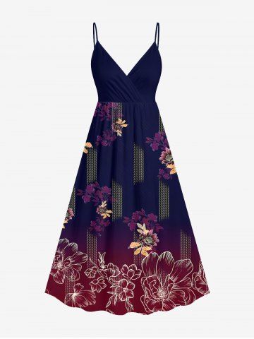 Plus Size Flower Leaf Ombre Print Hawaii Surplice A Line Cami Dress - BLACK - 3X