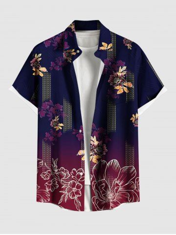 Plus Size Flower Leaf Ombre Print Hawaii Button Pocket Shirt For Men - BLACK - S