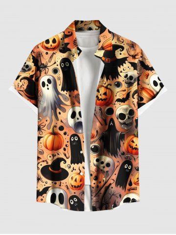 Plus Size Pumpkin Skull Ghost Wizard Spider Web Bat Print Halloween Button Pocket Shirt For Men - ORANGE - 4XL