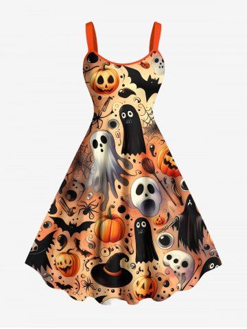 Plus Size Pumpkin Skull Ghost Wizard Spider Web Bat Print Halloween A Line Tank Dress - ORANGE - XXS
