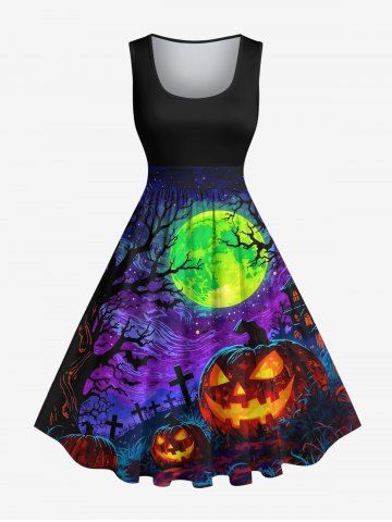 Plus Size Pumpkin Cross Tree Moon Galaxy Print Halloween 1950s Vintage Swing A Line Dress - BLACK - 2X