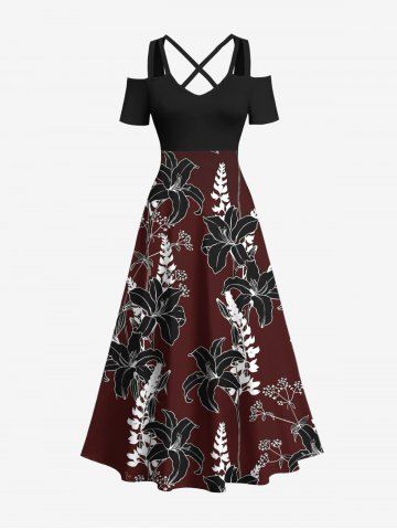 Plus Size Flower Branch Print Hawaii Cold Shoulder Crisscross A Line Maxi Dress - RED WINE - XXS
