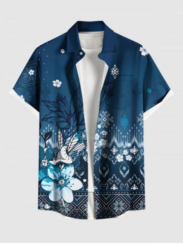 Plus Size Hibiscus Flower Ethnic Graphic Print Hawaii Button Pocket Shirt For Men - BLUE - 4XL