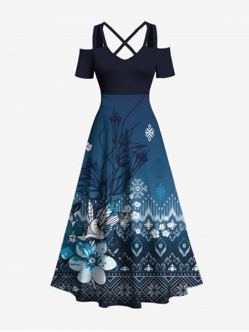 Plus Size Hibiscus Flower Ethnic Graphic Print Hawaii Cold Shoulder Crisscross A Line Maxi Dress - BLUE - 1X