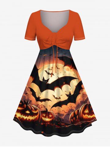 Plus Size Pumpkin Lantern Bat Glitter Moon Print Halloween Cinched A Line Dress - ORANGE - XXS