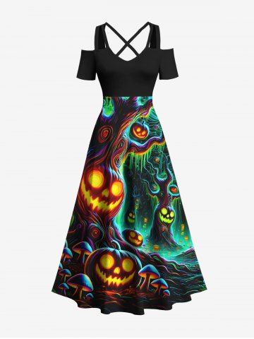 Plus Size Pumpkin Lantern Tree Cave Print Halloween Cold Shoulder Crisscross A Line Maxi Dress - BLACK - XXS