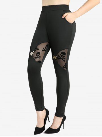 Plus Size Skull Mesh Flocking Patchwork Pentagram Decor Pockets Skinny Leggings - BLACK - 2X | US 18-20