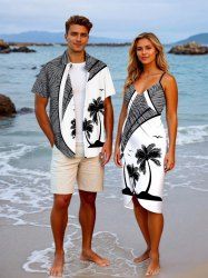 Coconut Tree Curve Tropical Leaf Print Plus Size Matching Hawaii Beach Outfit For Couples -  