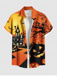 Plus Size Halloween Pumpkin Moon Bat Owl CrossTree Print Buttons Pocket Shirt For Men -  
