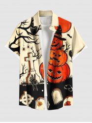 Plus Size Halloween Costume Pumpkin Cross Owl Tree Tombstone Print Buttons Pocket Shirt For Men -  