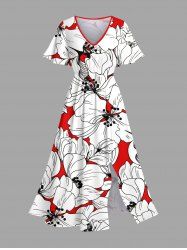 Plus Size Hibiscus Flowers Print Split Hawaii Midi Dress -  