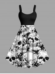 Plus Size Halloween Skulls Flowers Print Tank Dress -  
