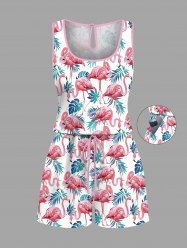 Plus Size Flamingo Tropical Leaf Print Cinched Hawaii Romper -  
