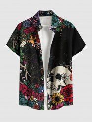 Chemise grande taille à boutons et poches pour homme, motif tête de mort, fleurs et feuilles, imprimé Halloween - Noir L