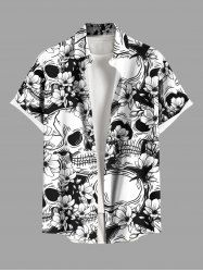 Chemise grande taille à boutons et poches pour homme, motif tête de mort et fleurs d'Halloween - Noir S