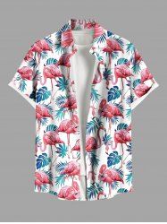 Plus Size Flamingo Tropical Leaf Print Buttons Pocket Hawaii Shirt For Men -  