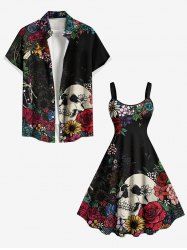 Skulls Flowers Leaf Print Plus Size Matching Hawaii Beach Outfit For Couples -  