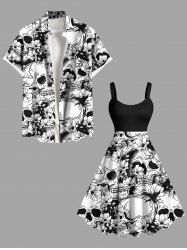 Skulls Flowers Print Plus Size Matching Hawaii Beach Outfit For Couples -  