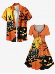 Tenue assortie grande taille pour couple, motif citrouille, lune, chauve-souris, hibou, motif CrossTree - Orange 