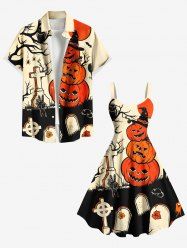 Halloween Costume Pumpkin Cross Owl Tree Tombstone Print Plus Size Matching Outfit For Couples -  