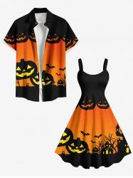 Tenue d'Halloween à imprimé citrouille et chauve-souris croisées, grande taille, assortie pour les couples - Orange 
