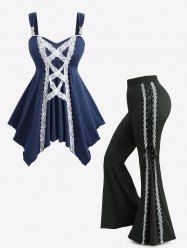 Lace-up Two Tone Handkerchief Top and Flare Pants Plus Size Outfit -  