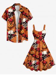 Tenue d'Halloween grande taille assortie pour couples, motif tête de mort, rose, fleur, feuille, citrouille - Orange 