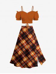 Ensemble assorti grande taille avec haut cintré uni et jupe trapèze fendue à carreaux pour Halloween - Orange 