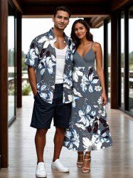 Tenue de plage hawaïenne assortie grande taille à imprimé fleurs et feuilles pour couples - Gris Clair 