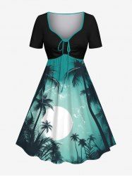Robe trapèze cintrée grande taille à imprimé cocotiers, mer et lune, style hawaïen ombré - Vert XS