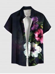 Plus Size Tropical Leaf Hibiscus Flower Print Hawaii Button Pocket Shirt For Men -  