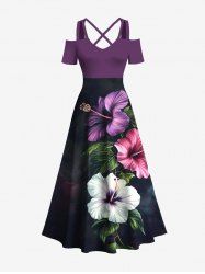 Robe longue hawaïenne grande taille à imprimé feuilles tropicales et fleurs d'hibiscus, épaules dénudées, croisée, coupe trapèze - Pourpre  XXS