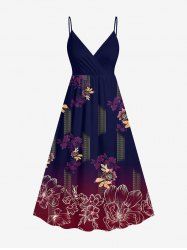 Plus Size Flower Leaf Ombre Print Hawaii Surplice A Line Cami Dress -  