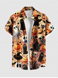 Plus Size Pumpkin Skull Ghost Wizard Spider Web Bat Print Halloween Button Pocket Shirt For Men -  