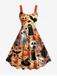 Plus Size Pumpkin Skull Ghost Wizard Spider Web Bat Print Halloween A Line Tank Dress -  