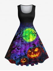 Plus Size Pumpkin Cross Tree Moon Galaxy Print Halloween 1950s Vintage Swing A Line Dress -  